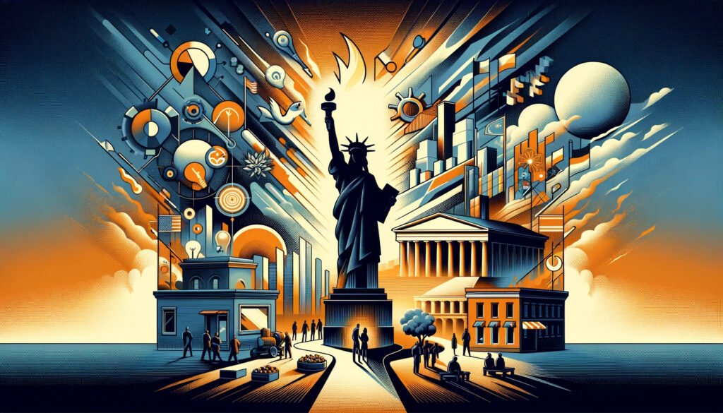 An abstract artistic representation capturing the essence of libertarian thought, featuring symbolic elements such as a torch of liberty casting a bright light, a minimalist government building outlined against a backdrop of evolving historical and technological symbols, and a vibrant market scene full of activity and exchange. The composition flows from left to right, symbolizing the journey of libertarian ideas from their roots to the modern age, highlighted against a backdrop that subtly transitions from historical motifs to symbols of innovation and global connectivity.