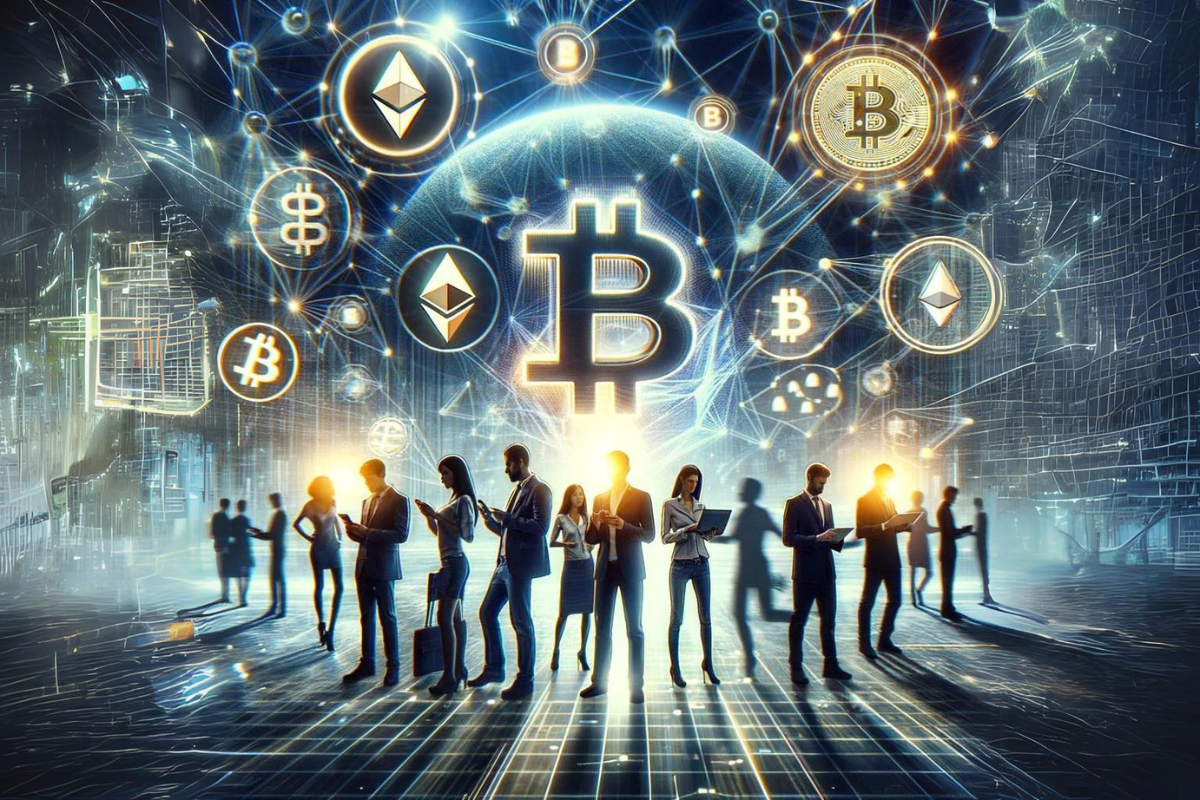 An optimistic depiction of diverse individuals embracing cryptocurrency and digital technologies, standing before a futuristic digital landscape symbolized by a decentralized blockchain network. Symbols of popular cryptocurrencies and digital devices highlight the empowerment and financial freedom achievable in a less centralized financial future.