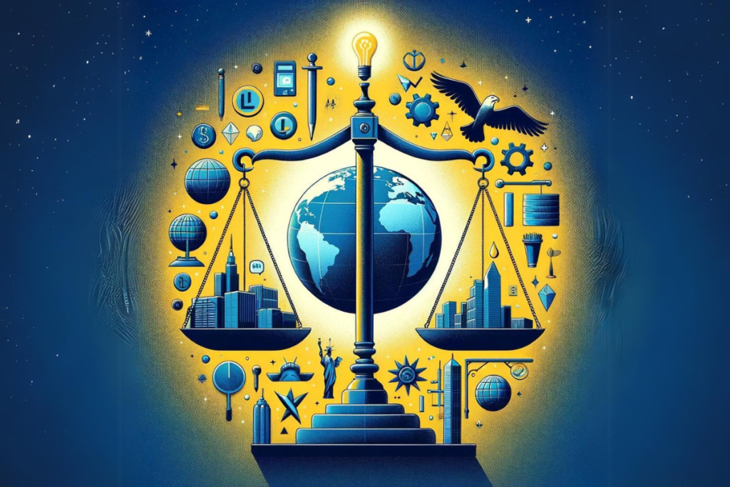 An illustrative image representing the intersection of free trade agreements and libertarianism, featuring a globe, scales of justice, and symbols of libertarian ideals such as the torch of liberty. The composition visualizes the complexities of global trade, sovereignty, and market fairness within a libertarian framework.