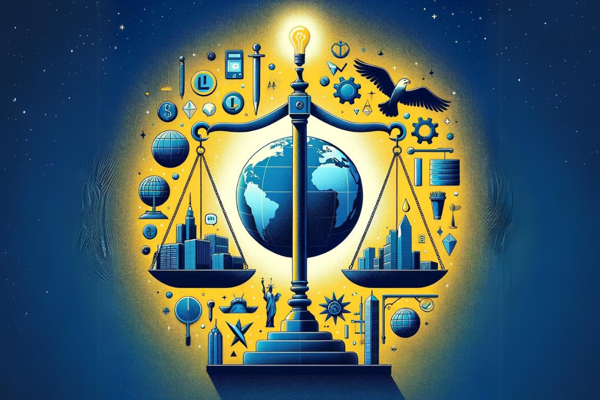 An illustrative image representing the intersection of free trade agreements and libertarianism, featuring a globe, scales of justice, and symbols of libertarian ideals such as the torch of liberty. The composition visualizes the complexities of global trade, sovereignty, and market fairness within a libertarian framework.