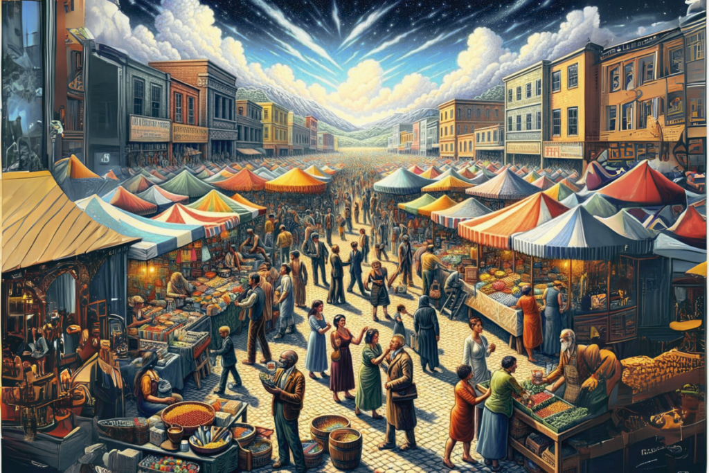 This image captures a vibrant marketplace with diverse individuals engaging in trade and business, symbolizing the libertarian ideal of free markets and minimal government intervention. It conveys the essence of economic freedom, showcasing a dynamic and diverse market operating without heavy state regulation.