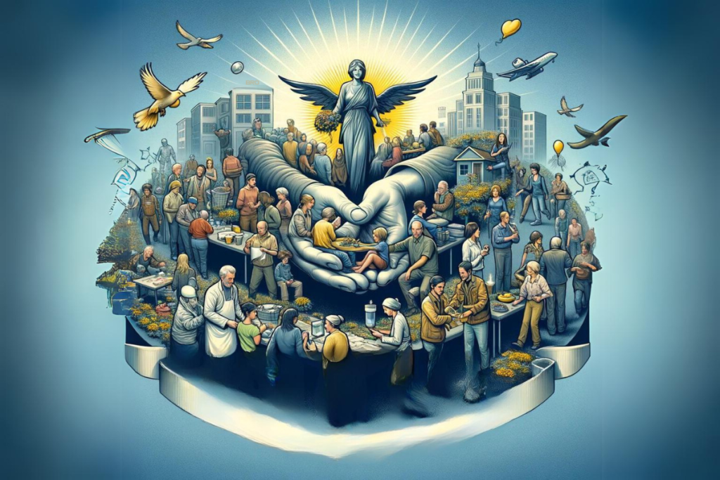 This illustrative concept showcases a community coming together to support one another, embodying the libertarian idea of social welfare through voluntarism. It depicts people from various backgrounds engaging in acts of kindness and support, such as sharing resources and providing medical aid, highlighting the power of community and voluntary support.