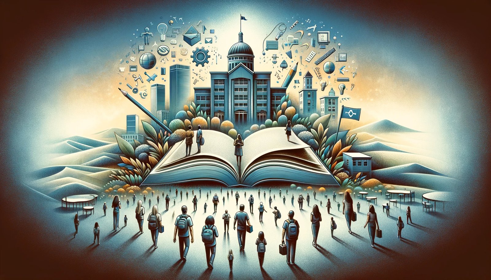 Modern and classical fusion of libertarian schooling concepts, featuring an array of students choosing individual learning paths, an open book for the freedom of education, against a backdrop of minimalistic educational institutions, embodying the essence of privatization and innovation in schooling.