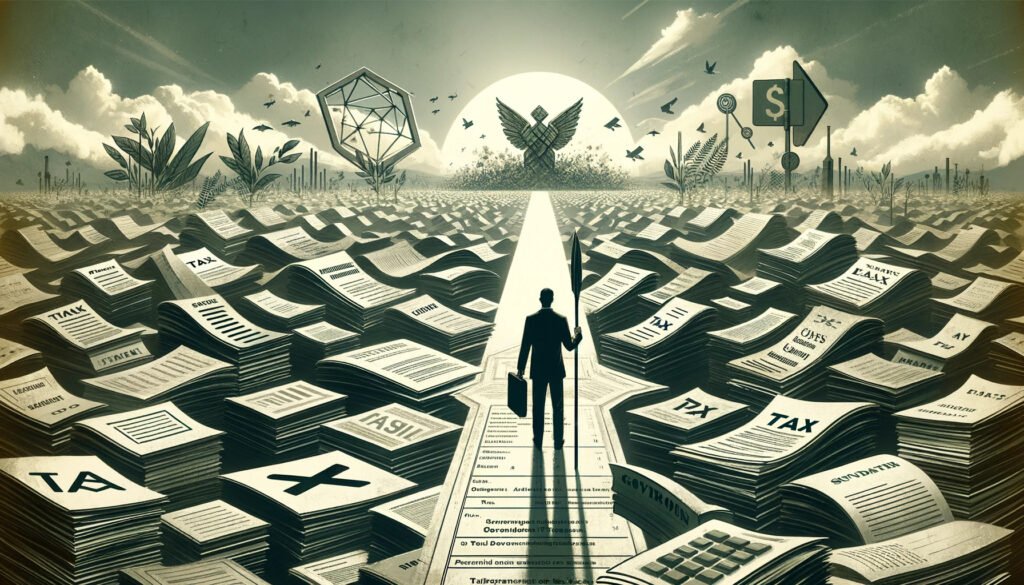 Clear path through a maze of tax documents leading to economic freedom and prosperity, illustrating the libertarian ideal of a streamlined tax system, set against a backdrop of an open sky and flourishing landscape.