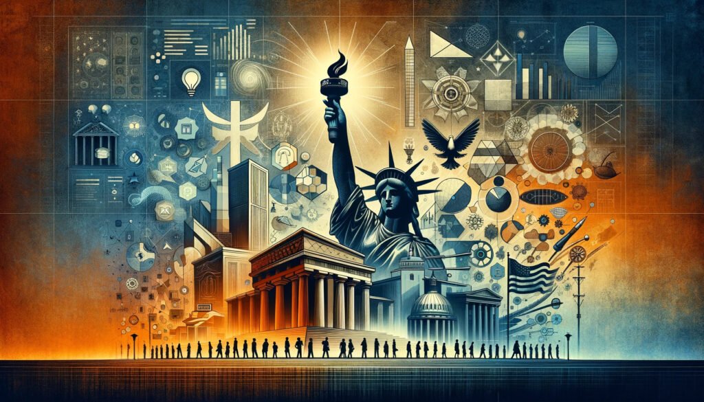 A conceptual visualization of the evolution of libertarian principles, with a focus on individual freedom, limited government, and economic freedom. Central to the image is a torch of liberty, illuminating a path that weaves through a minimalist depiction of a government building and leads to a bustling market scene. Abstract silhouettes and symbols float above, suggesting the influence of libertarian thought through time. The background merges abstract representations of conflict, change, and digital age advancements, creating a narrative of adaptation and resilience in the face of contemporary challenges.