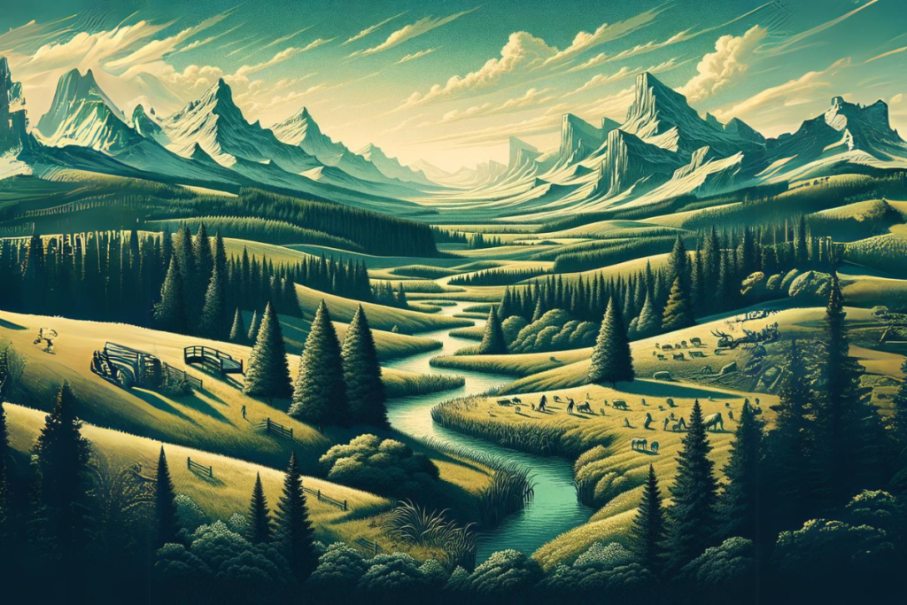 A new image focusing on natural landscapes to depict the essence of libertarianism, emphasizing freedom and autonomy without the use of symbols or text. This serene and expansive setting aims to subtly convey the values of minimal interference and the natural order, evoking a sense of vast possibilities and personal autonomy.