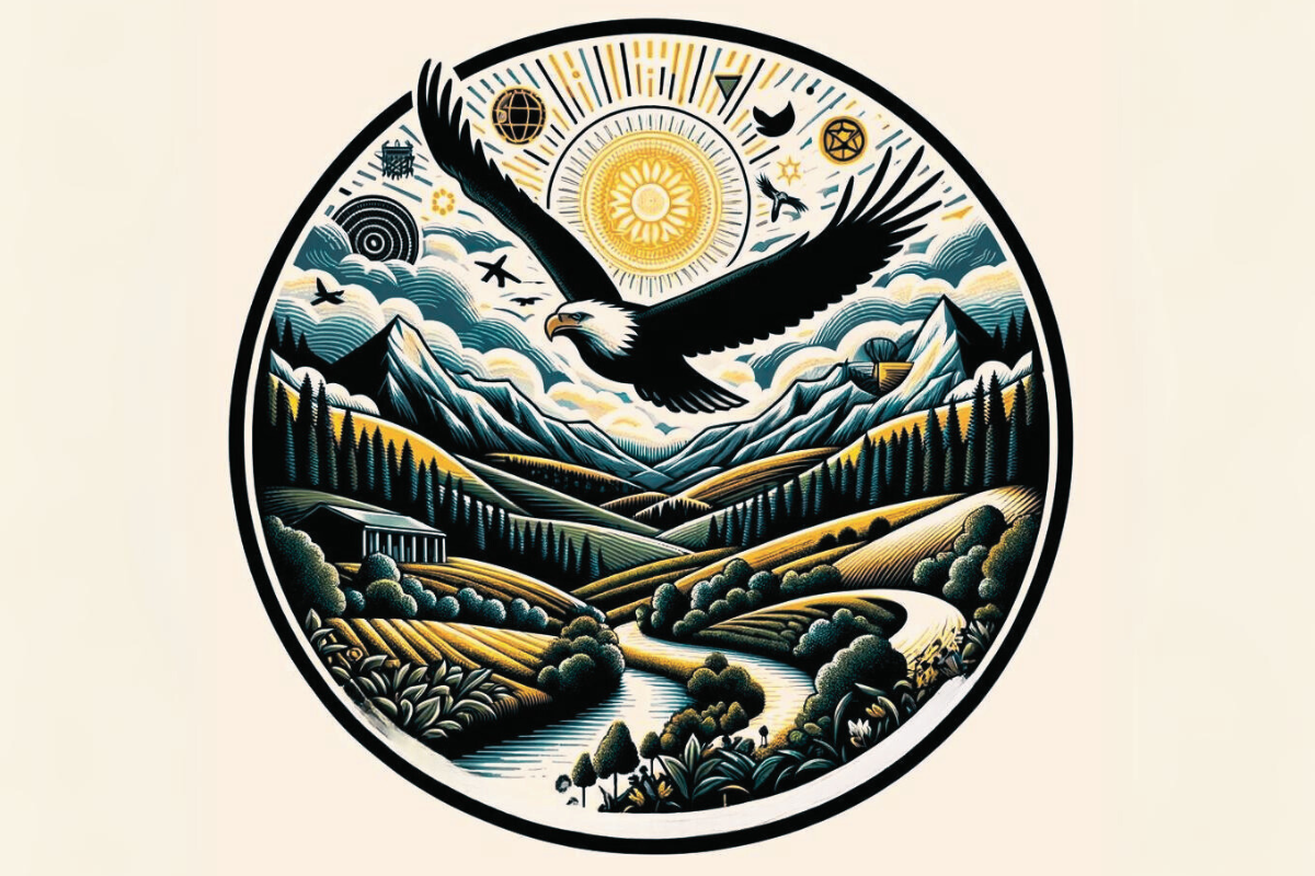 An image,= focusing on nature and freedom to portray the core values of libertarianism without any letters or text. This illustrative design creatively combines natural elements with symbols of liberty, reflecting libertarian ideals of autonomy, minimal state intervention, and the natural order in a visually compelling way.