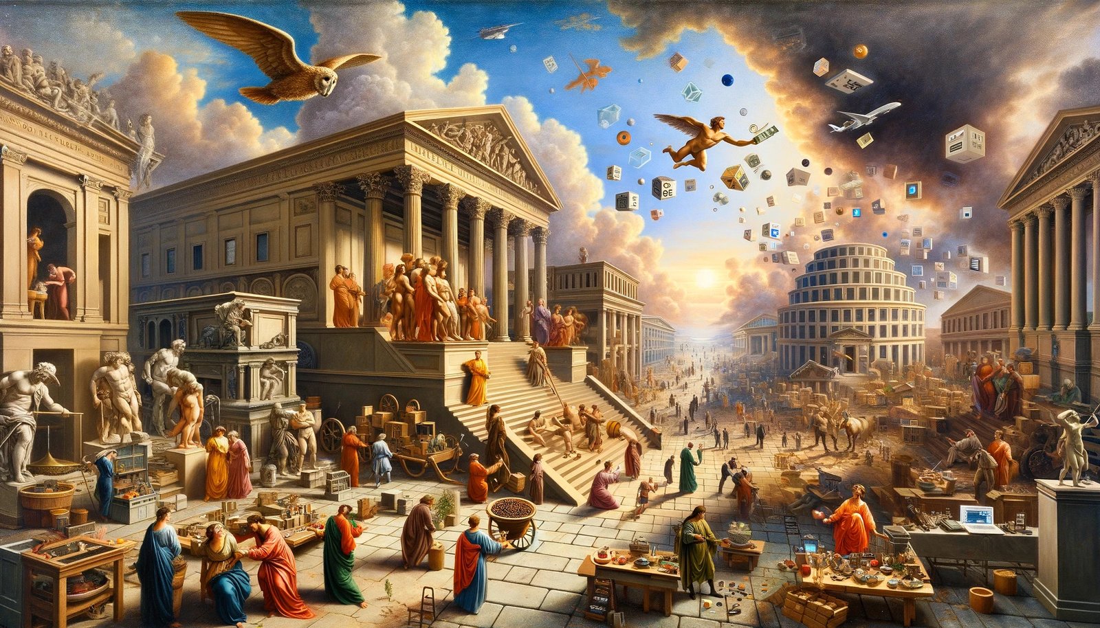 Seamless fusion of Renaissance art and modern economic activity, showcasing allegorical representations of the invisible hand and economic freedom in a bustling digital marketplace set against a backdrop of modern urban life, highlighting the relevance of free market principles today.