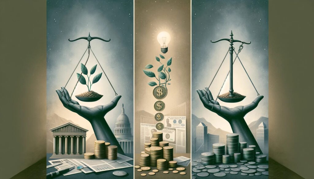 Balance scale symbolizing libertarian taxation philosophy with individual freedom represented by an open hand and government intervention by a government building, against a backdrop of financial documents and coins, in a subdued color palette.