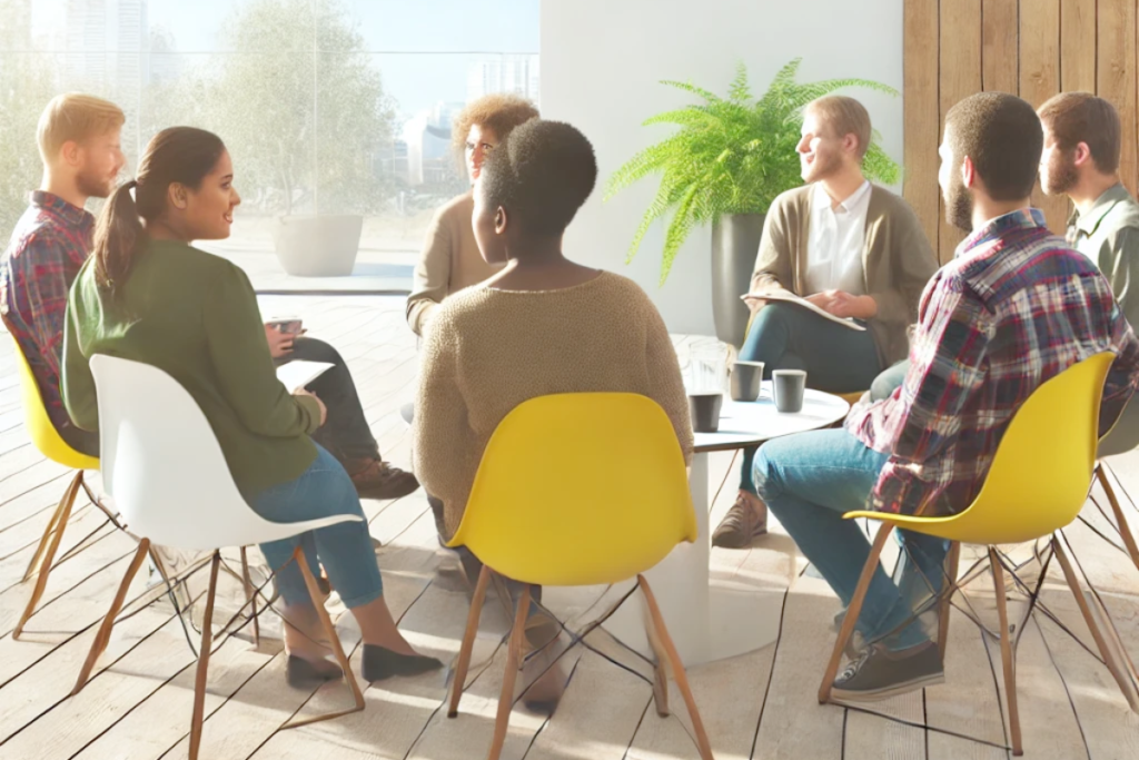 People from various backgrounds participating in a vibrant debate on libertarianism in a contemporary setting with ample natural light.