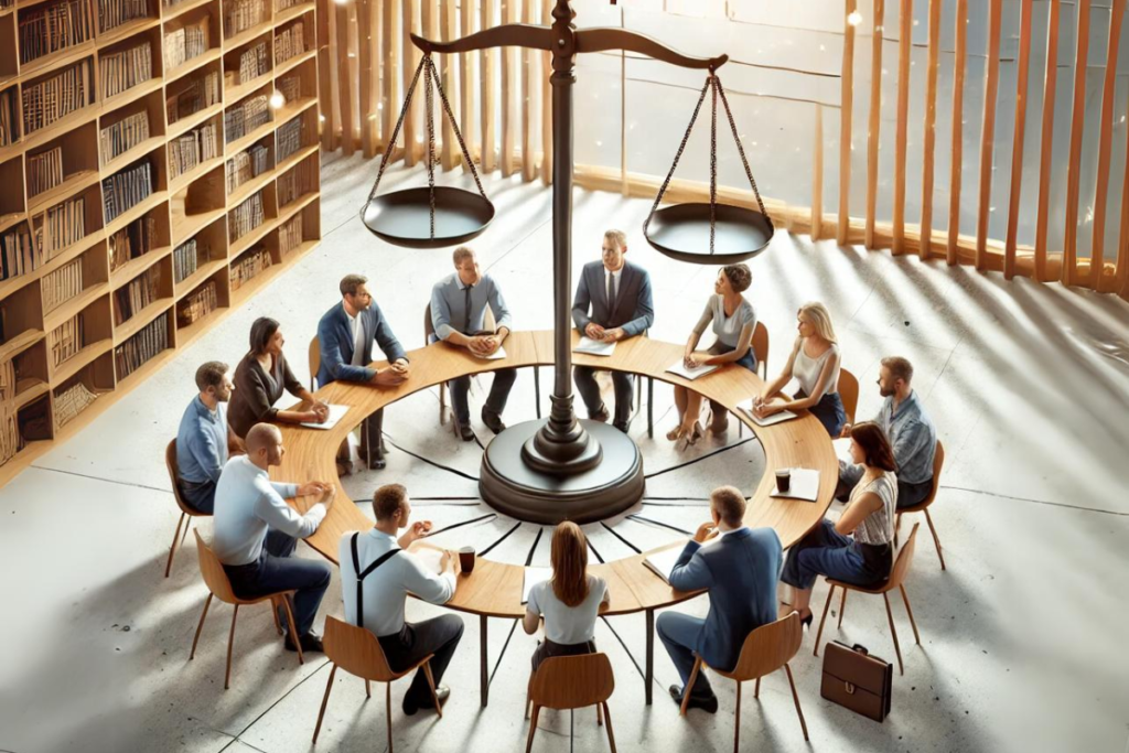 A group of everyday people engaged in a thoughtful discussion about the non-aggression principle in a well-lit, modern room with a large scale of justice in the center.